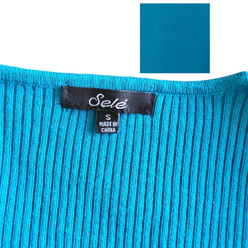 LONG SLEEVED TEAL BELTED SWEATER TOP SIZE SMALL - Picture 6 of 8